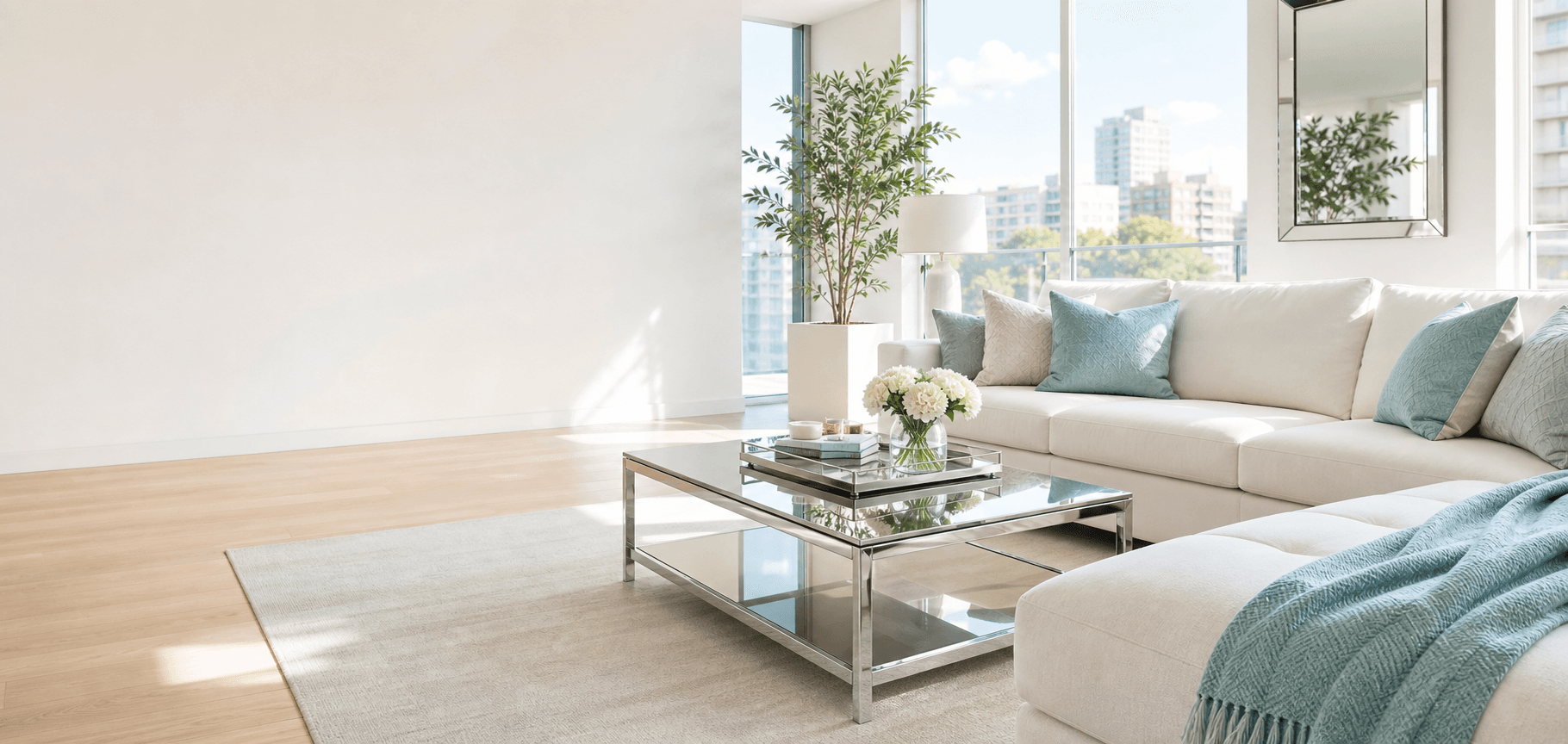 Bright clean living room with reflective table — MirroClean professional home cleaning